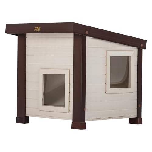 New Age Pet ECOFLEX Outdoor Cat House - Durable, Ventilated, Dual Entry, Easy Assembly, Elevated Floor, Heated Pad Compatible, 10-Year Warranty, for Multiple Cats, Maple/Brown