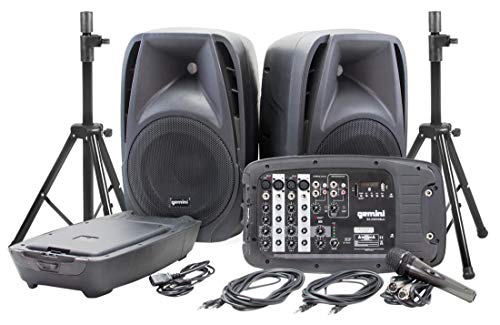 Gemini Portable PA System with Stands, Bluetooth, 600W Powered System with 6-Channel Mixer, Dual 10" Speakers, Mic & Cables—All-in-One for Events, DJs & Fitness (ES-210MXBLU-ST)