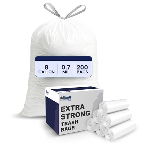 Plasticplace 8 Gallon Trash Bags -White Drawstring Garbage Can Liners - Leak-Resistant and Tear-Proof for Kitchen, Bathroom, Office, and Small Trash Cans 0.7 Mil