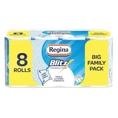 Regina Blitz Household Towels – 8 Triple Layered Rolls, 70 Sheets Per Roll, Paper Packaging, FSC Certified Paper, Recyclable Packaging, 60% Larger Than Standard Kitchen Roll Sheets