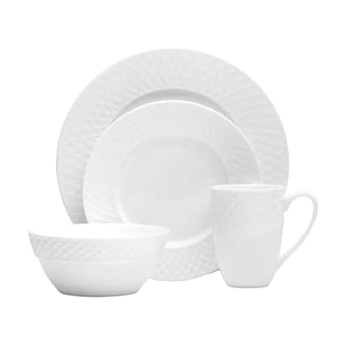 Mikasa Trellis Bone China 16-Piece Dinnerware Set, Service for 4, White Lightweight Porcelain with Textured Design, Chip-Resistant and Dishwasher Safe