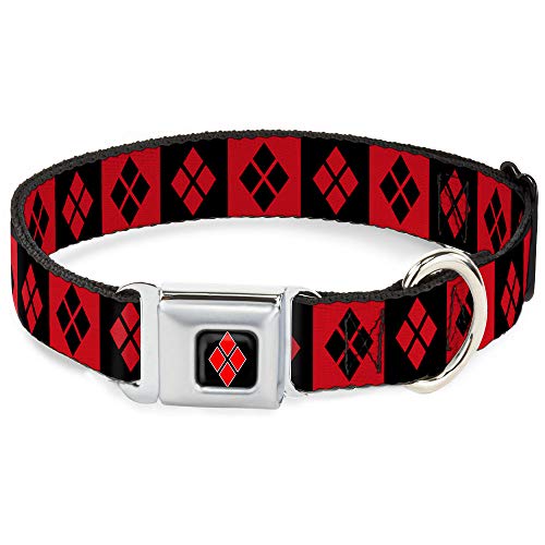 Buckle-Down Seatbelt Buckle Dog Collar - Harley Quinn Diamond Blocks Red/Black Black/Red - 1.5" Wide - Fits 18-32" Neck - Large