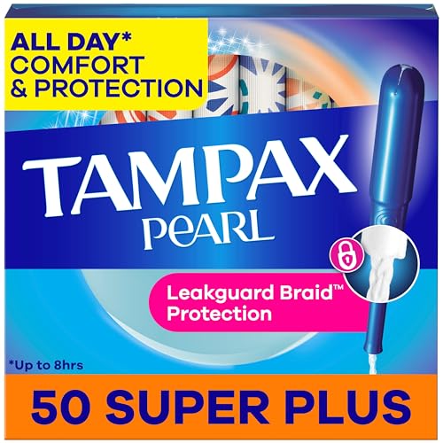 Tampax Pearl Tampons, with LeakGuard Braid, Super Plus Absorbency, Unscented, 50 Count