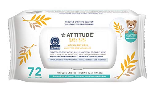 ATTITUDE Baby Wipes Unscented, For Sensitive Skin with Oat, Natural Origin, Dermatollogically Tested​, For Babies, Toddlers & Kids, Chamomile Extract, EWG Verified​, 72 Count