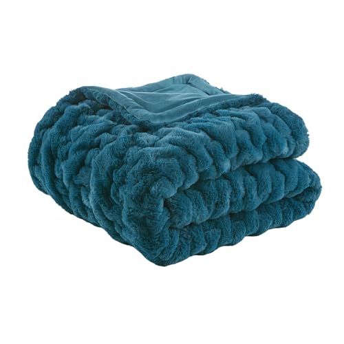 Madison Park Ruched Faux Fur Luxury Throw Teal 50*60 Premium Soft Cozy Brushed Long Faux Fur For Bed, Coach or Sofa