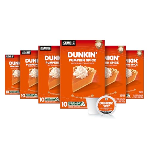 Dunkin’ Pumpkin Spice Coffee, Limited Edition Fall Coffee, K Cup Pods, 10 Count Boxes (Pack of 6)