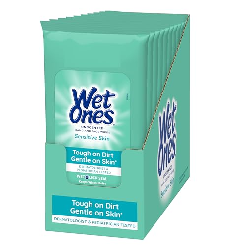 Wet Ones Sensitive Skin Hands and Face Wipes, 20 Count Travel Pack (Pack of 10)