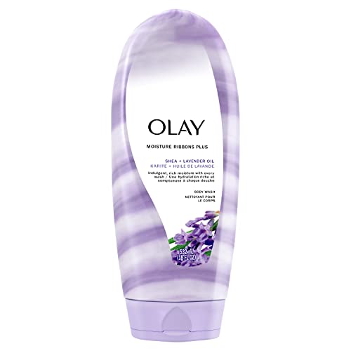 Olay Body Wash for Women, Moisture Ribbons Plus, Deep Conditioning & Moisturizing Formula, Long Lasting Smooth Soft Skin, For All Skin Types, Shea Butter & Lavender Oil Scent, 18 fl oz