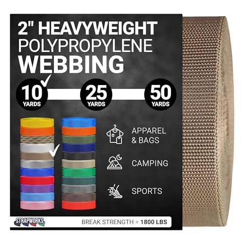 Strapworks Heavyweight Polypropylene Webbing - Heavy Duty Poly Strapping for Outdoor DIY Gear Repair, 2 Inch x 10 Yards - Tan