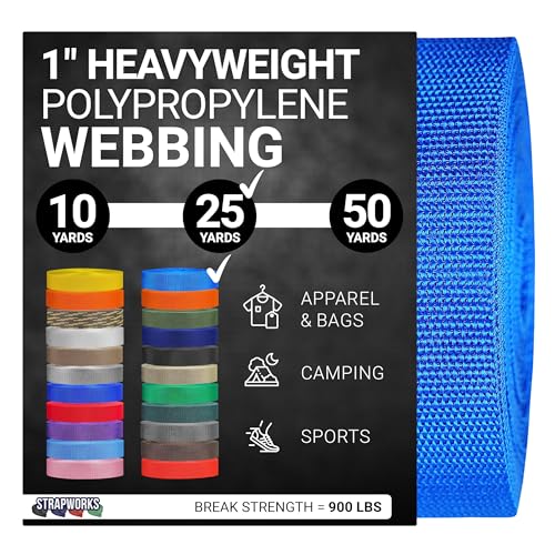 Strapworks Heavyweight Polypropylene Webbing - Heavy Duty Poly Strapping for Outdoor DIY Gear Repair, 1 Inch x 25 Yards - Pacific Blue