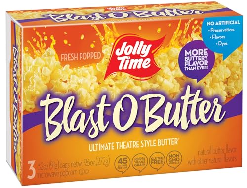 Jolly Time Blast O Butter, Ultimate Movie Theater Butter Microwave Popcorn, 3.2oz Sharing Bag, 3 Bags Per Carton (Blast O Butter, 3.2 Ounce (Carton of 3))