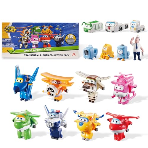 Super Wings Toys, Transformable Toys 2 Inch, Airplane Toy for Kids 3-5 Years Old, 15 Packs Transforming Jet Playset, Real Mobile Wheels, Birthday Party Supplies for Preschool Boys and Girls