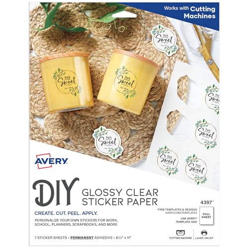 Avery Printable Sticker Paper, 8.5" x 11", Glossy Clear, Permanent Adhesive, Laser/Inkjet Compatible, 7 Full-Size Label Sheets, Great for Product Branding, Cute Stickers, Custom Signs, and More (4397)