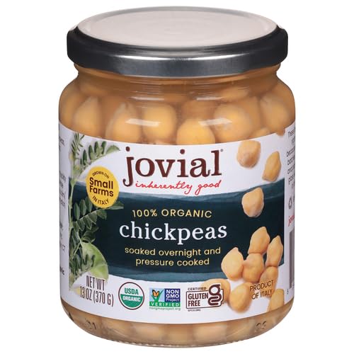 Jovial 100% Organic Chickpeas - Chickpeas, Organic Chickpeas, No Saturated Fat, Gluten Free, Recyclable Glass, Great Source of Fiber, No Additives or Preservatives, Product of Italy - 13 Oz