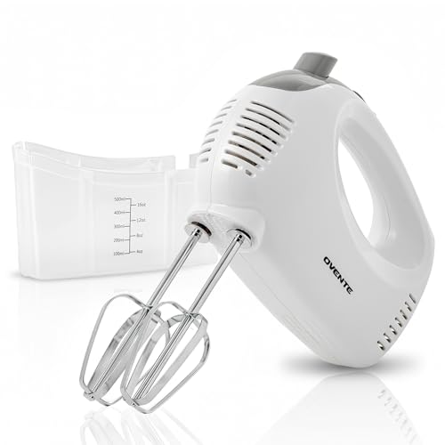 OVENTE 5-Speed Electric Hand Mixer with Stainless Steel Mixing Whisk, Snap-On Storage Case, Portable & Lightweight 150W Motor, Compact Handheld Mixer for Baking, Blending or Cooking, White HM151W