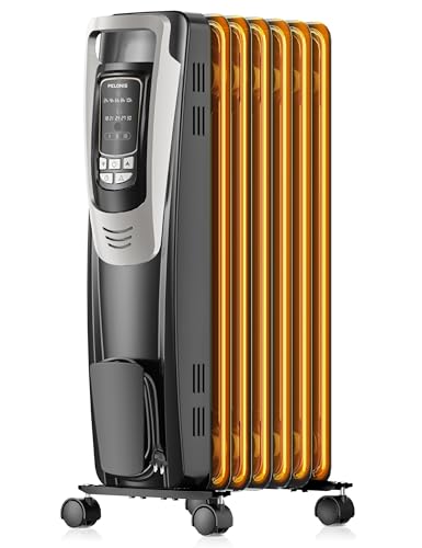PELONIS Radiator Heater for indoor use Large Room with Remote, Thermostat & LED Display, Quiet Oil Filled Heater with 5 Temperature Settings, Overheat & Tip-Over Protection, Silver