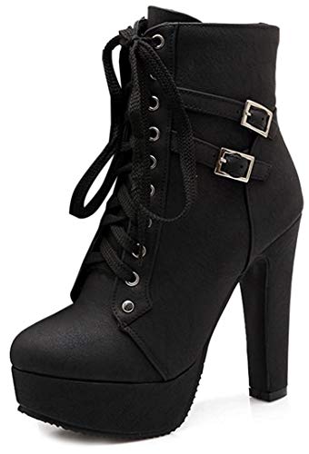 Susanny Womens High Heel Boots Black Platform Heels Sexy Round Toe Lace Up Ankle Buckle Chunky High Heel Black Heeled Boots 8.5 (CN 41)