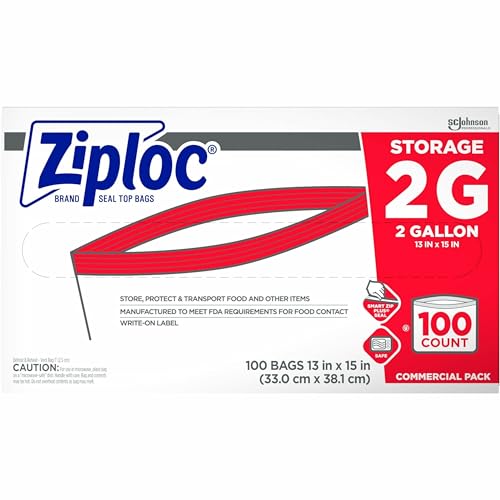 SC Johnson Professional Ziploc Storage Bags, For Food Organization and Storage, Double Zipper, 2 Gallon, 100 Count