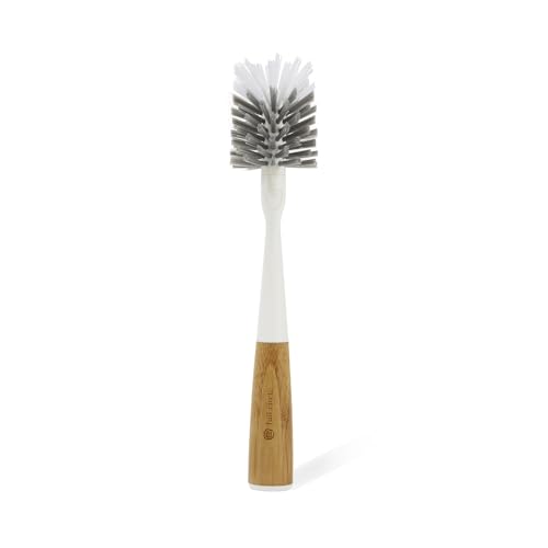 Full Circle Clean Reach - Bamboo Long Handle Bottle & Mug Brush with Replaceable Head, for Deep Cleaning Water Bottles, Baby Bottles, Glasses, and Tumblers, White