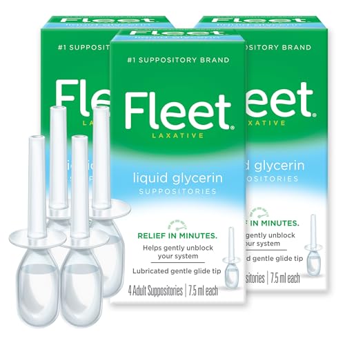 Fleet Liquid Glycerin Suppositories for Constipation Relief, Fast and Effective Stimulant-Free Laxative, 4 Bottles per Pack, 7.5 mL Each, Pack of 3