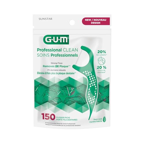 GUM Professional Clean Floss Picks - Extra Strong Shred-Resistant Floss, Easy Grip Handle - Dental Flossers for Adults - Fresh Mint Flavor, 150 Count