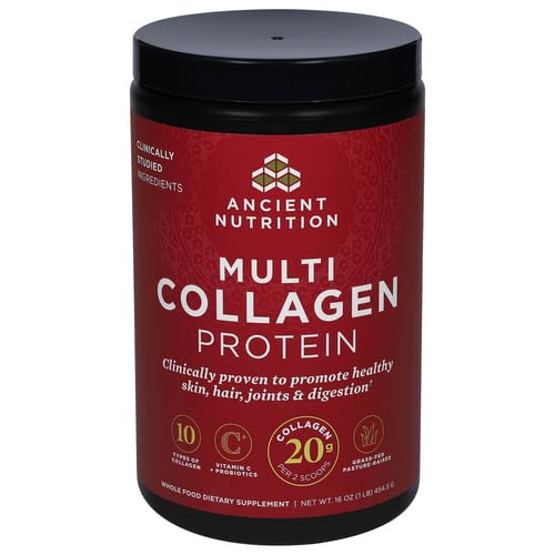 Ancient Nutrition Collagen Powder Protein with Probiotics, Unflavored Multi Collagen Protein with Vitamin C, 45 Servings, Hydrolyzed Collagen Peptides Supports Skin and Nails, Gut Health, 16oz