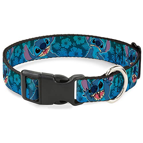 Buckle-Down Plastic Clip Collar - Stitch Expressions/Hibiscus Collage Green-Blue Fade - 1.5" Wide - Fits 16-23" Neck - Medium