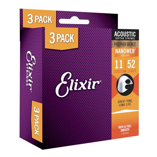 Saiten für Akustikgitarren, Elixir 16544 Nanoweb, Bronze 11–52, 2 Sets und ein Bonus-Set