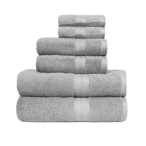 🔥 STARKER PREIS (-23%) Amazon Basics Handtücher-Set, 100% Baumwolle, Farbecht, Saugfähig, 2 Badetücher, 2 Handtücher, 2 Waschlappen, 6-teilig, Grau