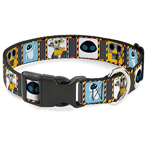 Buckle-Down Plastic Clip Collar - WALL-E & EVE Pose/Face Hazard Blocks Gray/Yellow/Black - 1" Wide - Fits 15-26" Neck - Large