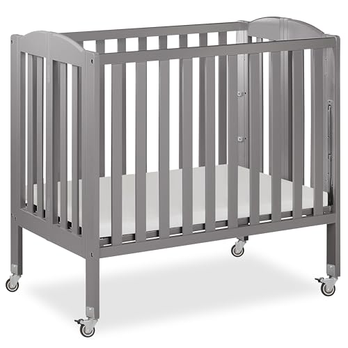 Dream On Me 3 in 1 Portable Folding Stationary Side Crib in Steel Grey, Greenguard Gold Certified, Safety Wheels with Locking Casters, Convertible, 3 Mattress Heights