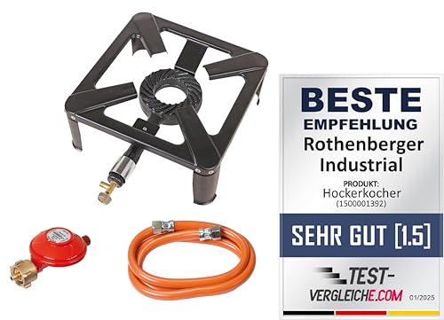 (-21%) ROTHENBERGER Industrial Hockerkocher inkl. 1,5 m Gas-Schlauch & Konstantregler für Camping und Outdoor, nur für die Verwendung im Freien, für den Anschluss an Propangasflaschen, 1500001392