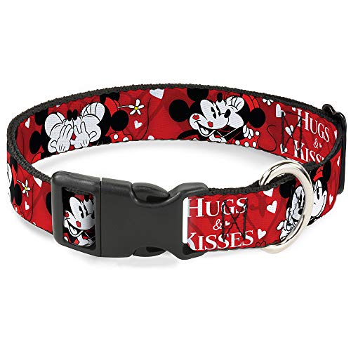 Buckle-Down Plastic Clip Collar - Mickey & Minnie HUGS & KISSES Poses Reds/White - 1" Wide - Fits 9-15" Neck - Small