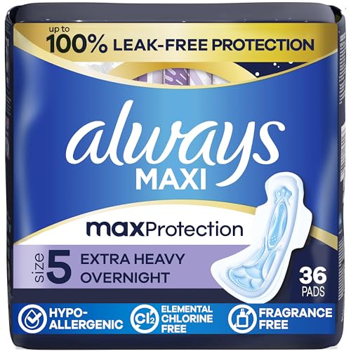 Always Maxi Overnight Pads with Wings for Women, Size 5, Extra Heavy Overnight Absorbency, Unscented, 36 Count