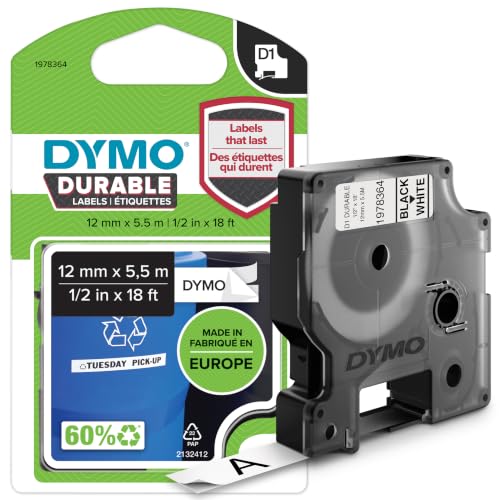 (-24%) DYMO Original D1 Hochleistungs-Etikettenband | schwarz auf weiß | 12 mm x 5,5 m | permanent haftendes Vinyl- Schriftband | für LabelManager-Beschriftungsgerät