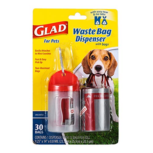 Glad for Pets Extra Large Unscented Heavy Duty Dog Waste Bags with Dispenser and Metal Clip Plastic Disposable Poop Bags for Dogs, Easy to Use for Dog Walking, (Pack of 1, 30 Count Total)