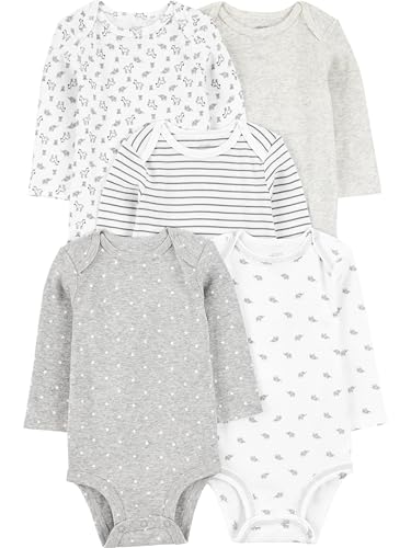 Simple Joys by Carter's Pacote com 5 bodies unissex de manga comprida, Cinza/branco, 3-6 Meses
