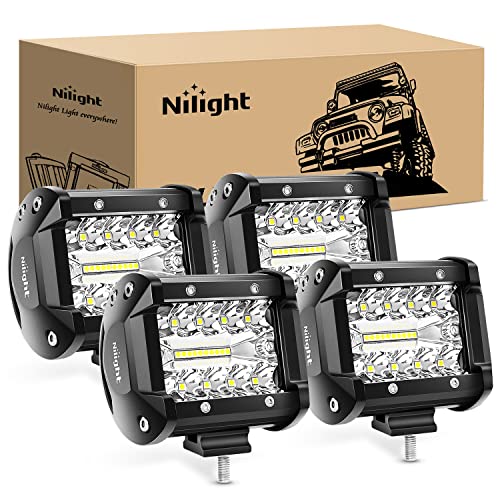 Nilight 4Pcs LED Pods 4Inch 60W Triple Row Flood Spot Combo 6000LM Light Bar Driving Fog Lights Off Road Lighting for Trucks Pickup Golf Cart SUV ATV UTV 4x4 Van Camper Boat