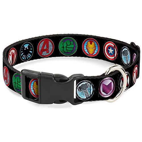 Buckle-Down 9Avenger Icons Black/Multi Color Marvel Avengers Plastic Clip Collar, Wide Medium/16-23"