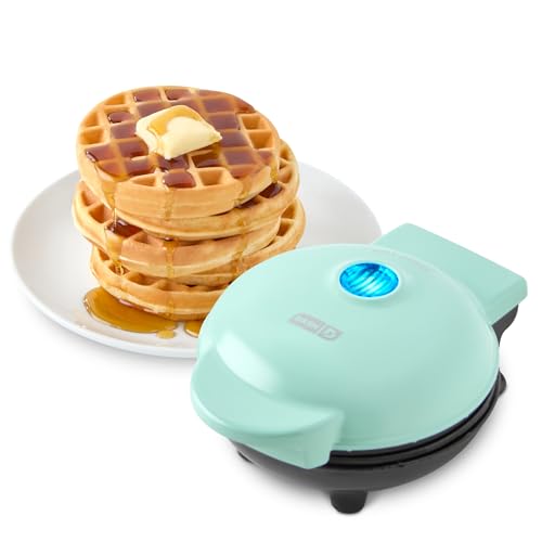 DASH Mini Waffle Maker - 4” Waffle Mold, Nonstick Waffle Iron with Quick Heat-Up, PTFE Nonstick Surface - Perfect Mini Waffle Maker for Kids and Families, Just Add Batter (Aqua)