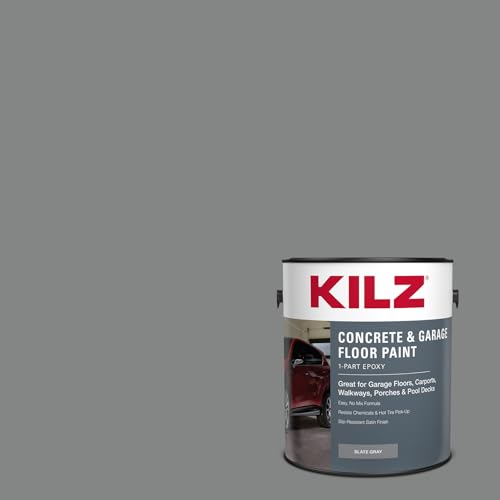 KILZ 1-Part Epoxy Acrylic Concrete and Garage Floor Paint, Interior/Exterior, Satin, Slate Gray, 1 Gallon