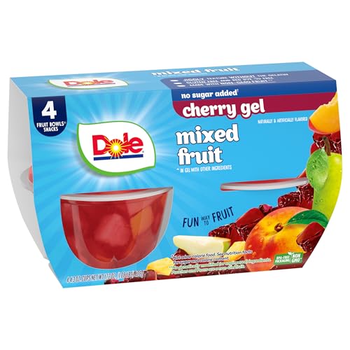 Dole Fruit Bowls Mixed Fruit in Sugar Free Cherry Flavored Gel Snacks, Pineapple, Peaches, Pears, 4.3oz 4 Total Cups, Gluten & Dairy Free, Bulk Lunch Snacks for Kids & Adults