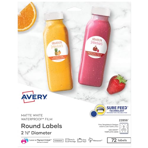 Avery Durable Waterproof Round Labels with Sure Feed Technology, 2.5" Diameter, White, Laser or Pigment-Inkjet Printer, 72 Customizable Blank Labels (22856)