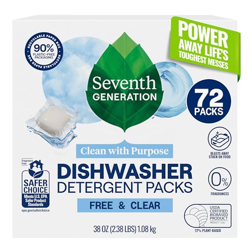 Seventh Generation Dishwasher Detergent Packs for sparkling dishes Free & Clear Dishwasher Tabs (72 Count)