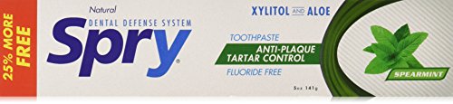 Spry Natural Xylitol Toothpaste 5oz for Adults and Kids - Fluoride Free, Gentle for Sensitive Teeth Whitening and Remineralizing, Breath Freshening, Mouth Moisturizing, Spearmint (Pack of 1)