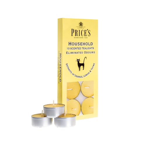 Price's Candles Household Pet 10 Scented Tealights Odour Eliminating Tea Light Candles with Citrus Fragrance for Home Freshness Relaxation and Everyday Use