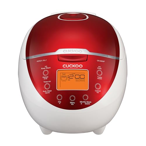 Cuckoo CR-0655F Rice Cooker & Warmer, 6 cups, LCD Display 11-Menu Options - White, Turbo, Mixed, and Brown/GABA Rice, Porridge, Steam Multi Cook, My Mode, 16-Various Cooking Methods, Sm, Red/White