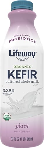 Lifeway Organic Whole Milk Kefir - 10g Protein, 12 Live Active Probiotic Cultures, Up to 99% Lactose Free, Gluten Free - Plain, 32 oz