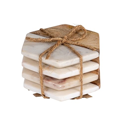 Creative Co-op Marble &amp; Mango Wood Hexagon Coasters (Set of 4 Pieces)6 Pcs Best Wooden Coasters with Holder Coffee 