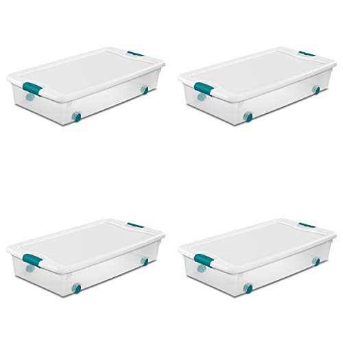 Sterilite 56 Qt Wheeled Latching Storage Box, Stackable Bin with Latch Lid, Plastic Container to Organize Shoes Underbed, Clear with White Lid, 4-Pack